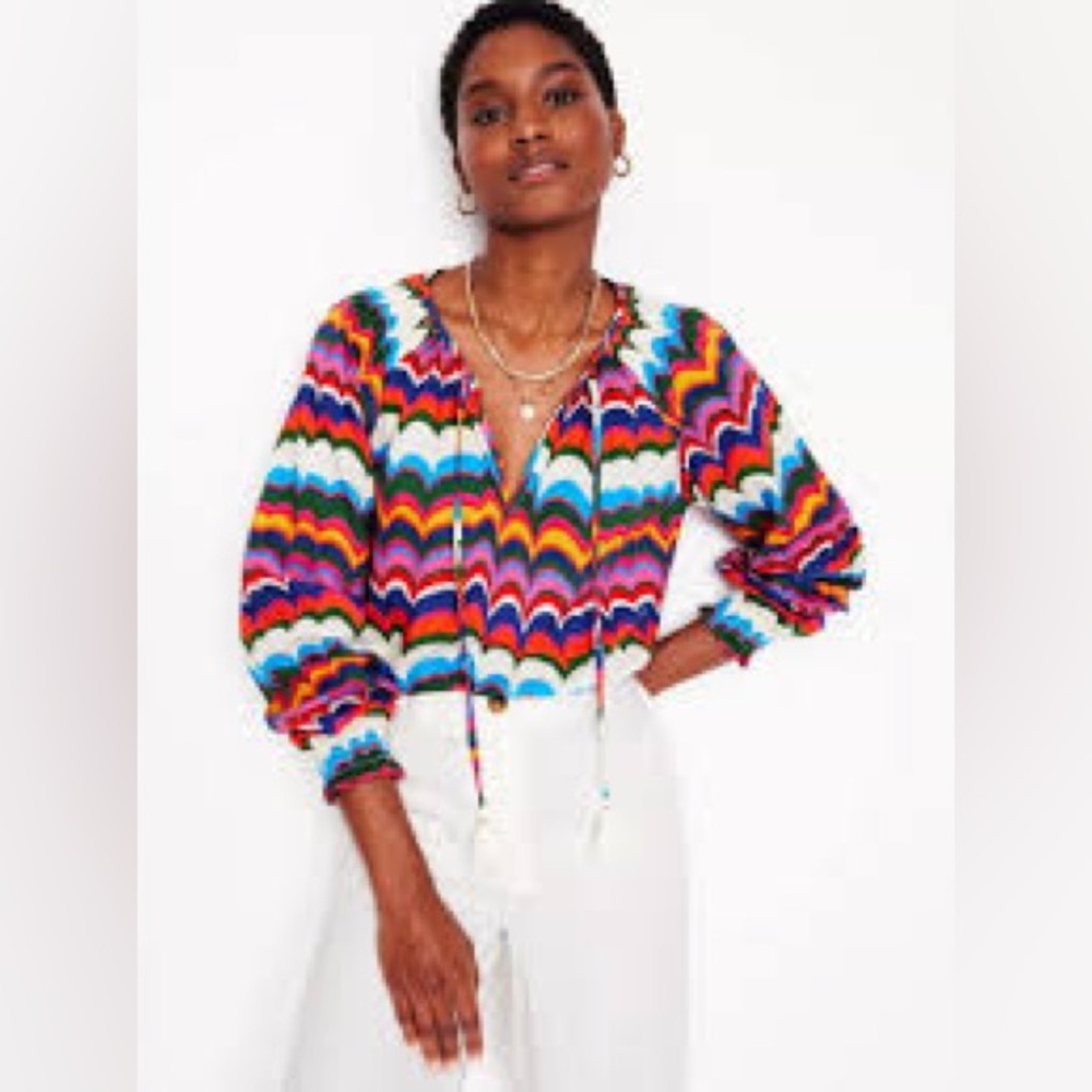 Boden Multicolor Wave-Print Shirred Peasant Blouse
